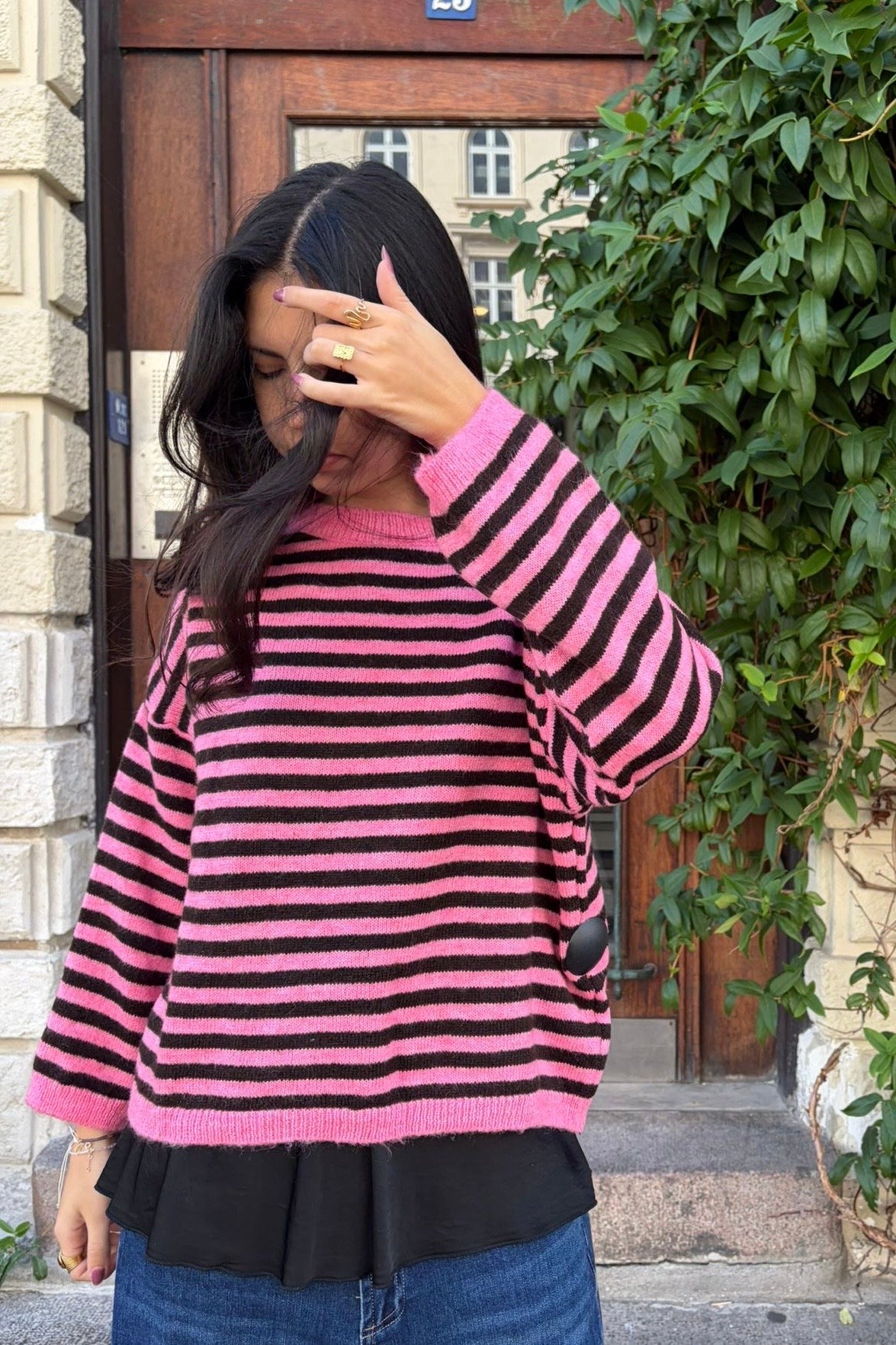 Ea Striped Crewneck Jumper -Pink/Brown