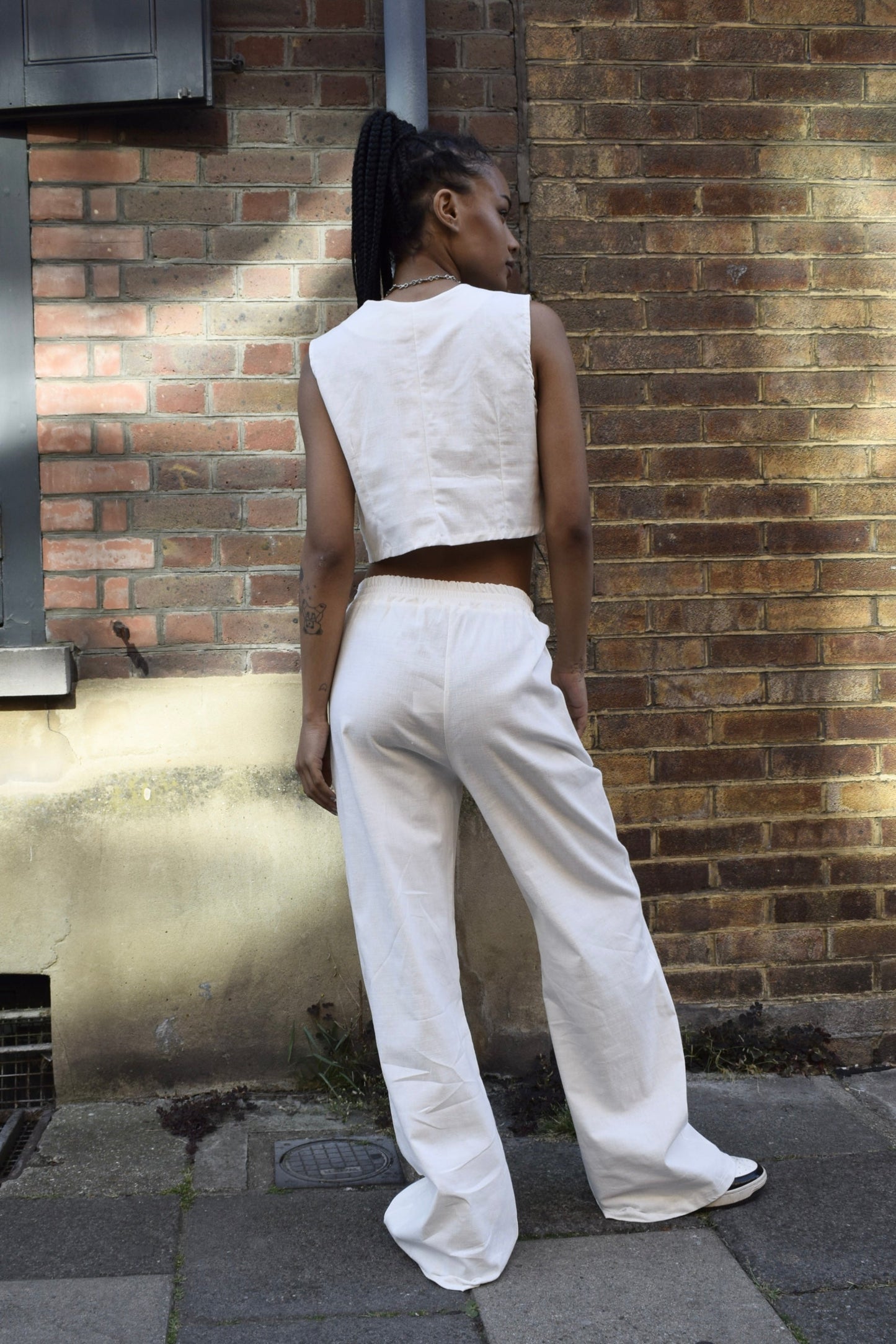 Ladies Cotton summer tie trousers White