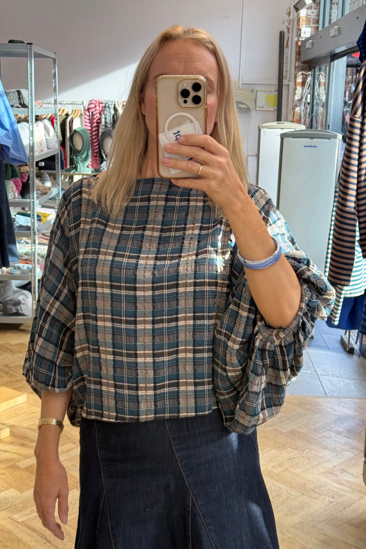 Margrethe Blouse -Petrol tartan