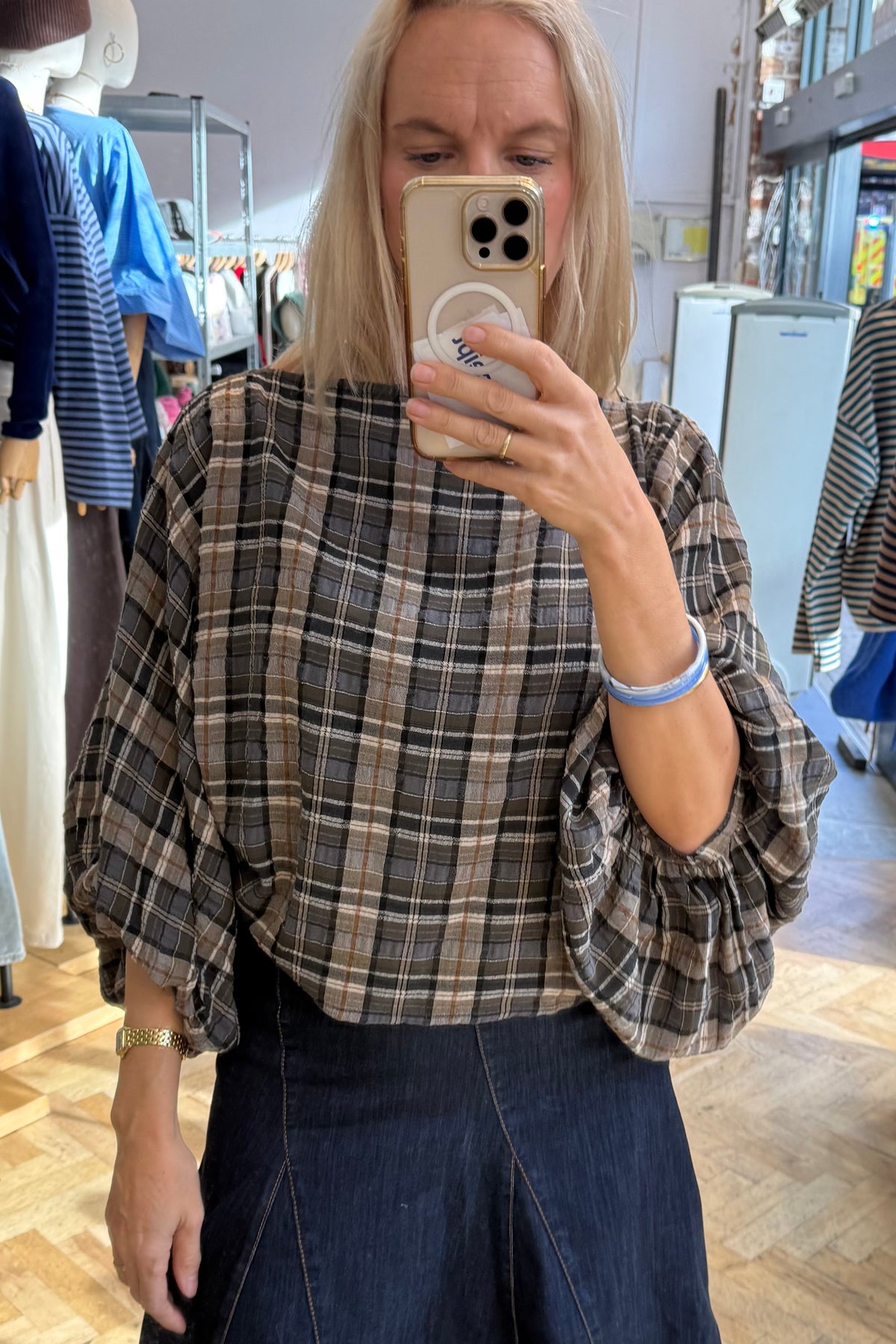 Margrethe Blouse -Khaki/Grey tartan