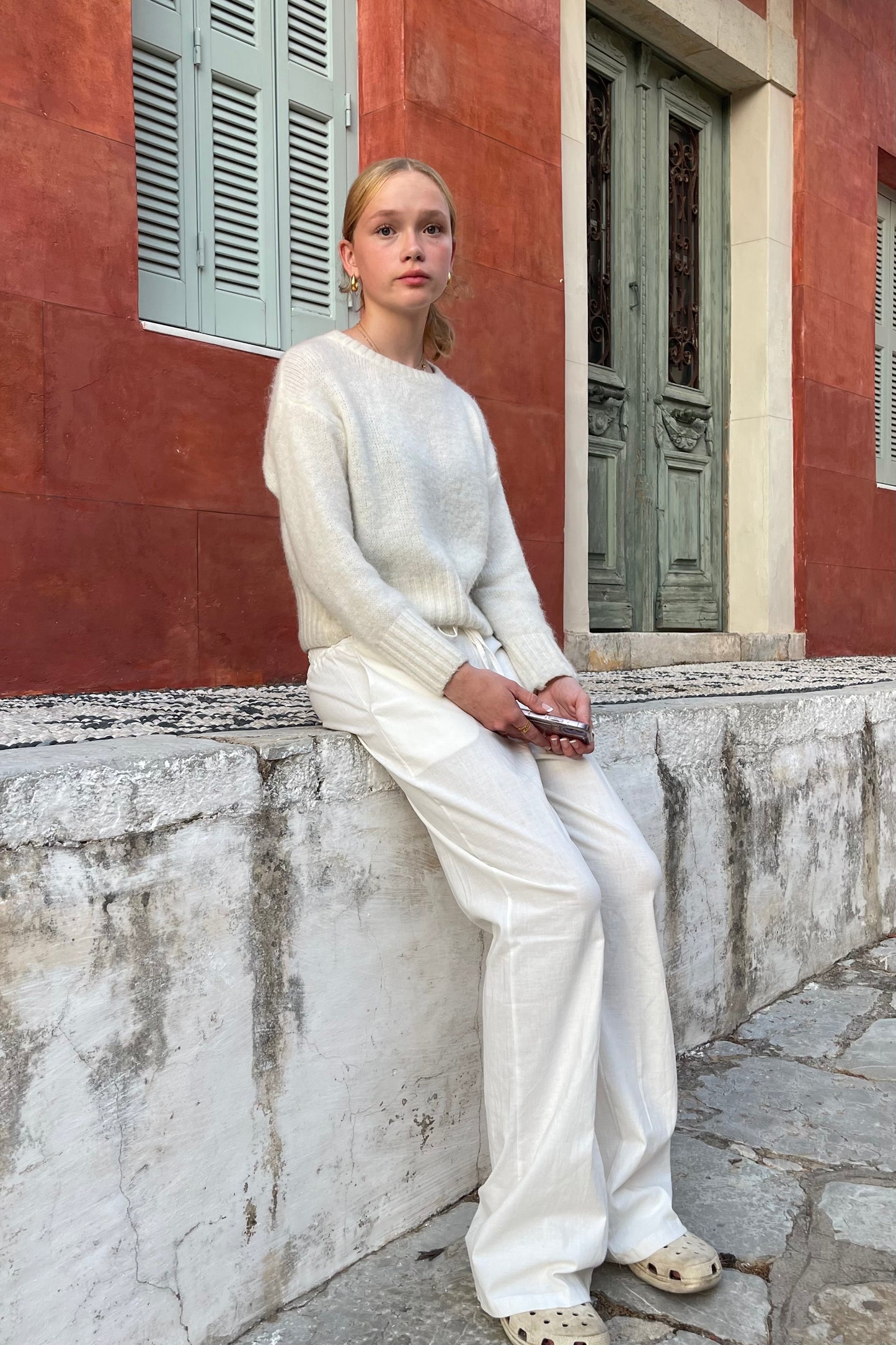 Ladies Cotton summer tie trousers White