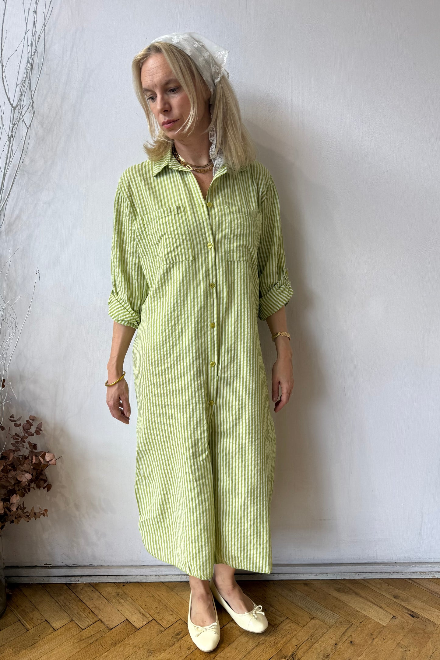 Helene Striped Shirt Dress -Moss Green