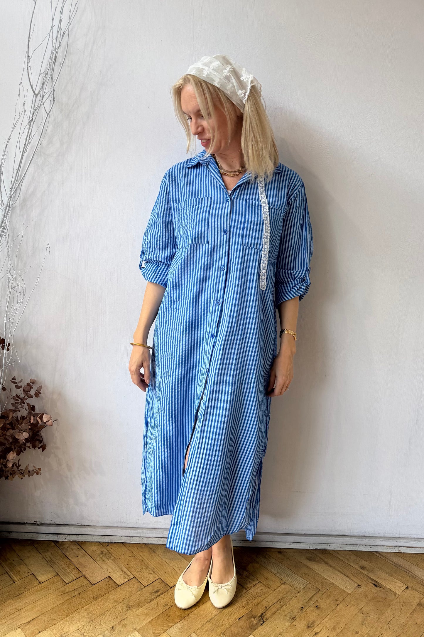Helene Striped Shirt Dress -Royal
