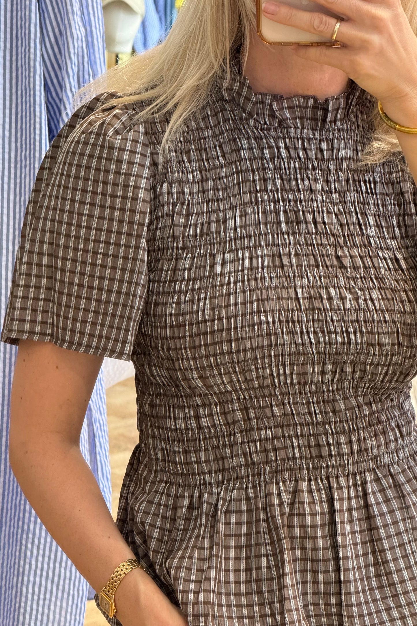 Leonora Smocked Blouse Short Sleeve -Brown - Øst London