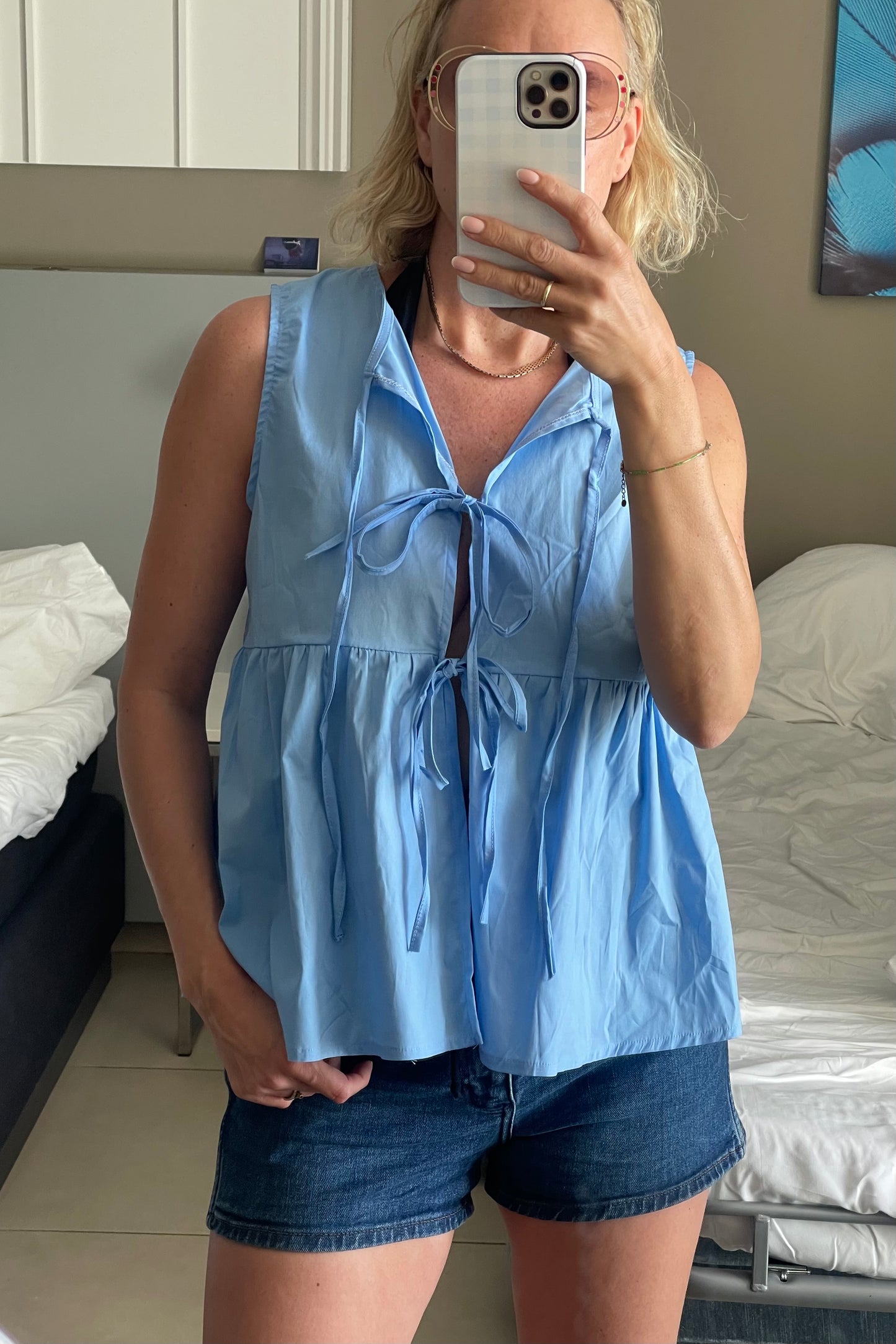 Line Tie Sleeveless Blouse -Light Blue