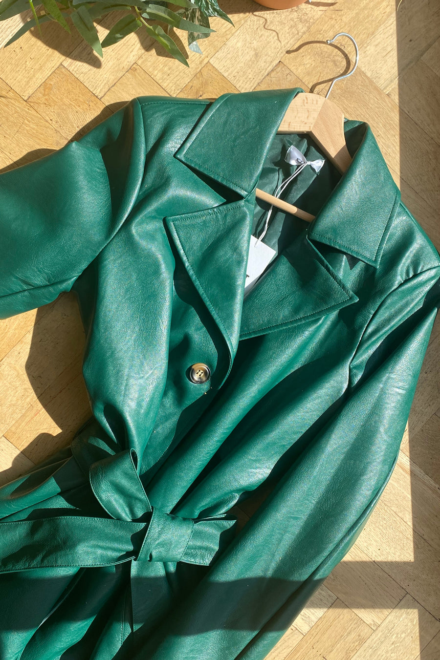 Emerald Green Vegan Leather Trench Coat