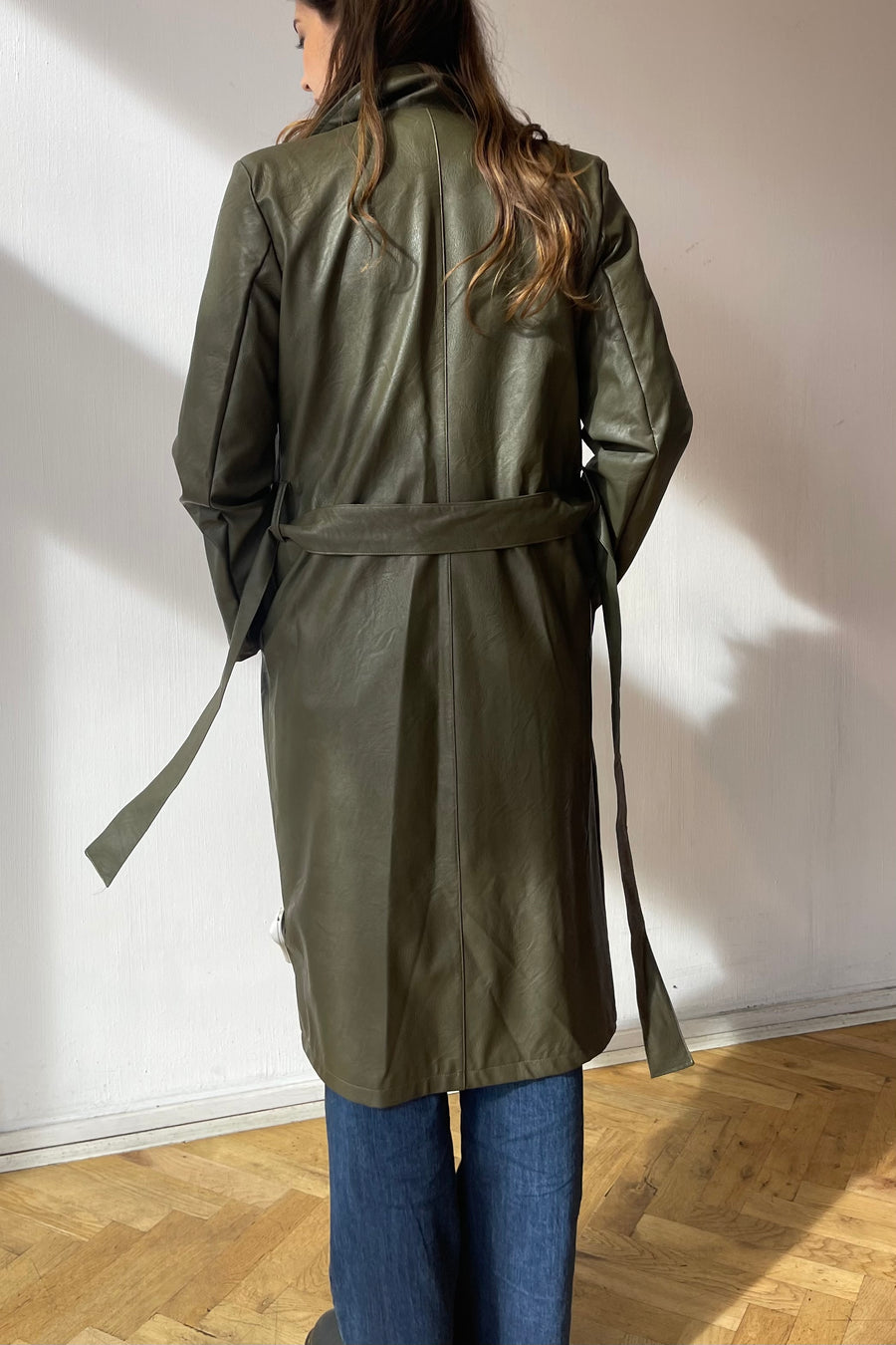 Vegan leather kaki green trench coat