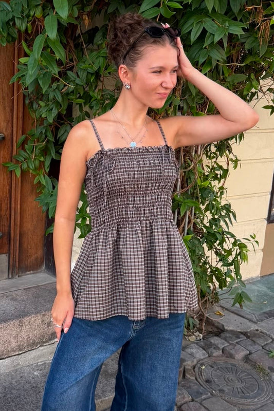 Leonora Smocked Strap Top -Brown - Øst London
