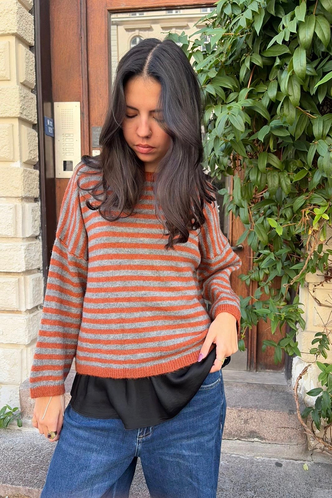 Ea Striped Crewneck Jumper -Terracotta/Grey