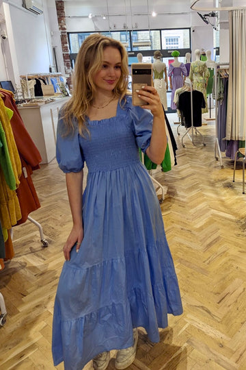 Bella Shirred Dress Light Blue