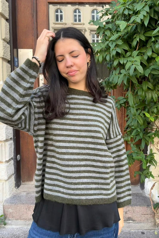 Ea Striped Crewneck Jumper -Khaki/Grey