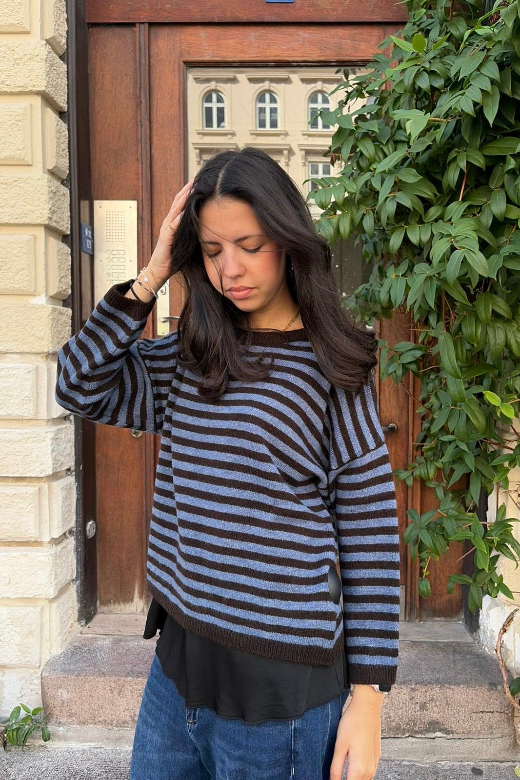 Ea Striped Crewneck Jumper -Brown/Blue