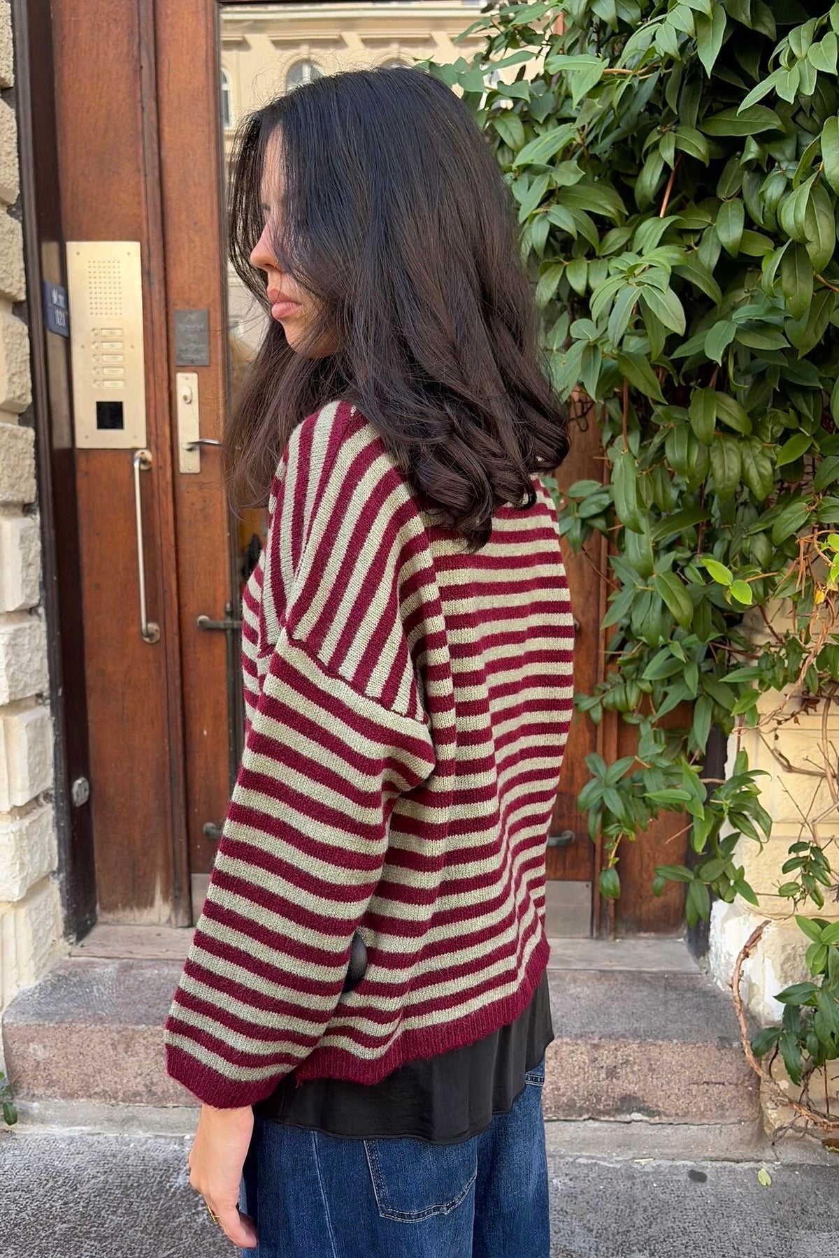 Ea Striped Crewneck Jumper -Burgundy/Sage