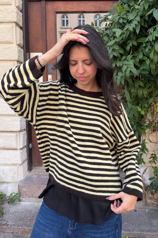 Ea Striped Crewneck Jumper -Brown/Yellow