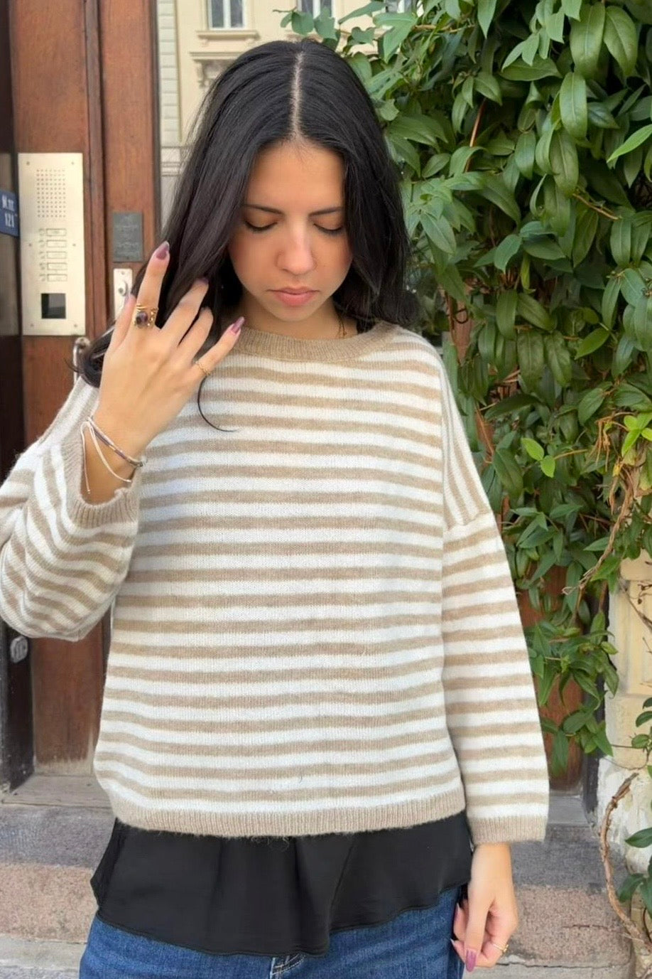 Ea Striped Crewneck Jumper -Taupe/Beige
