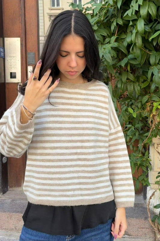 Ea Striped Crewneck Jumper -Taupe/Beige