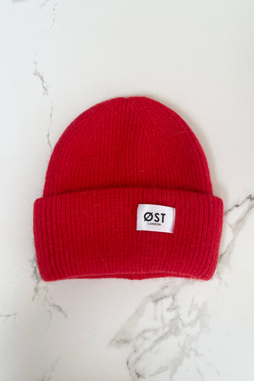 Red angora beanie