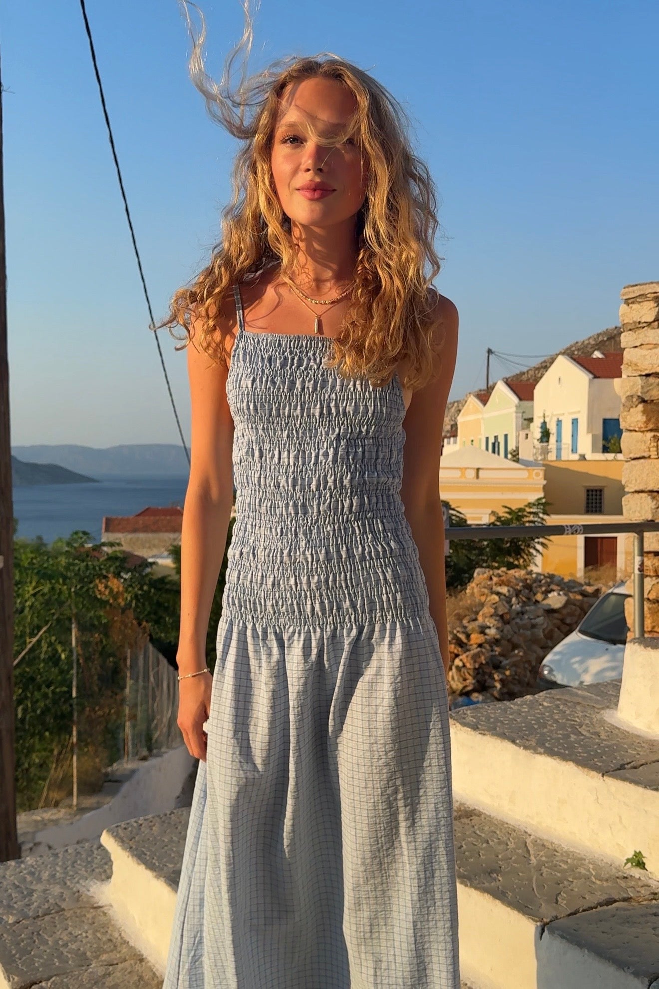 Leonora Smocked Strap Dress -Blue - Øst London