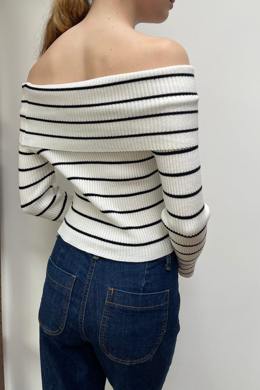 White with black stripes off shoulder top