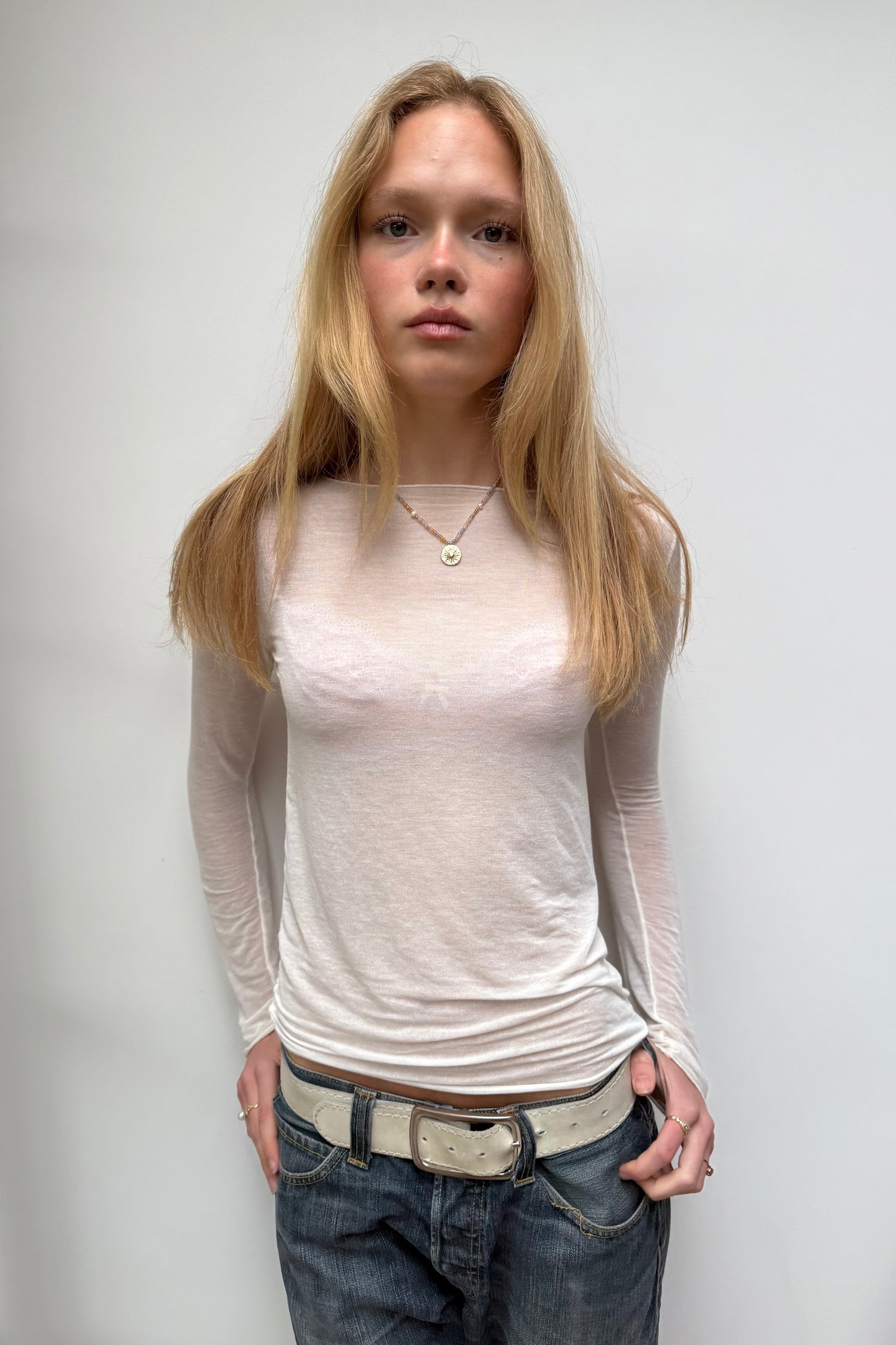 Sandra Cashmere Base Layer Wide Neck Top -White