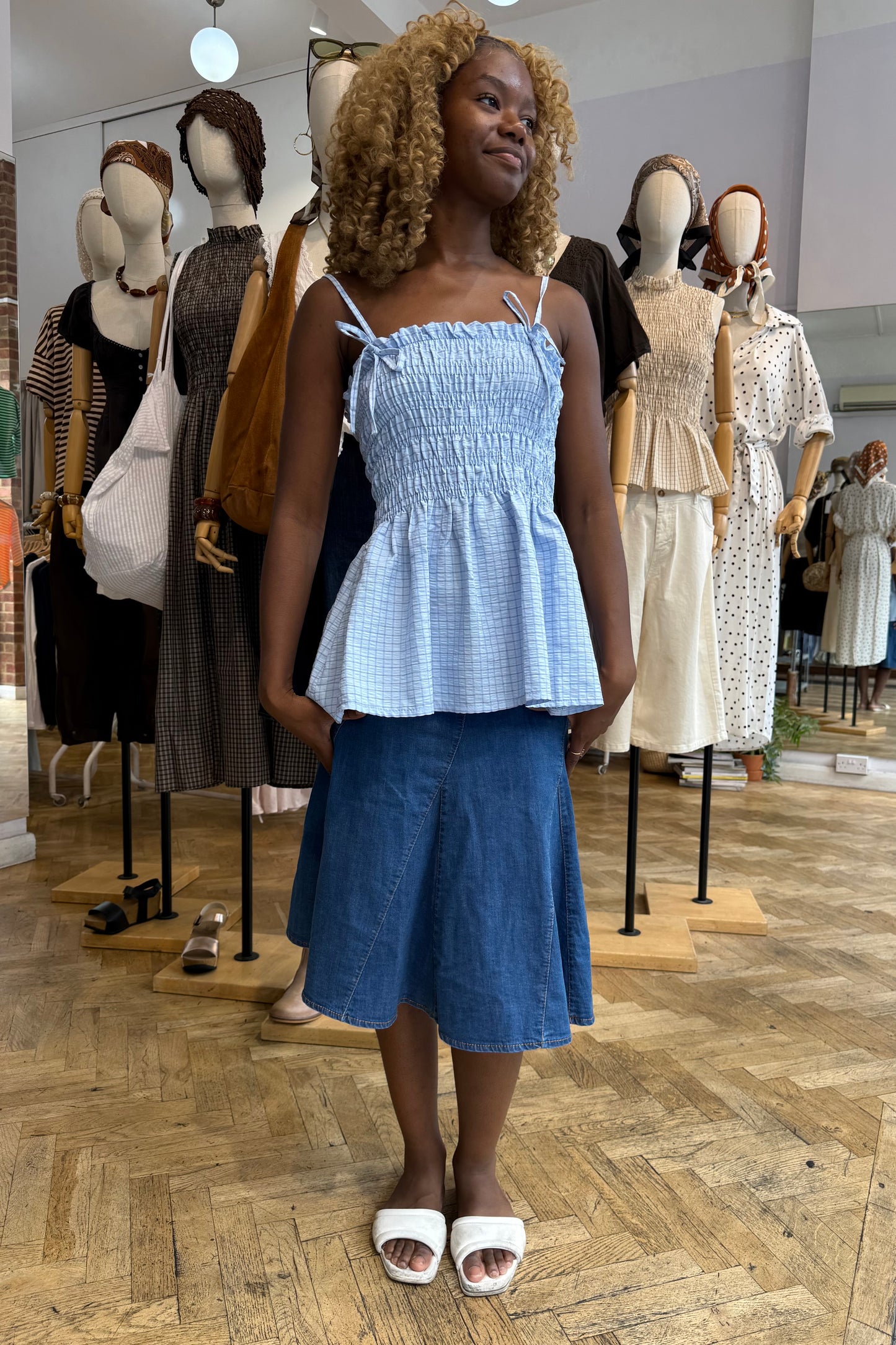 Leonora Smocked Strap Top -Blue - Øst London