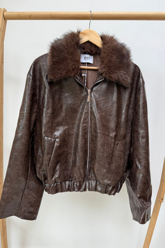 Bolette Vegan Leather Bomber Jacket -Brown