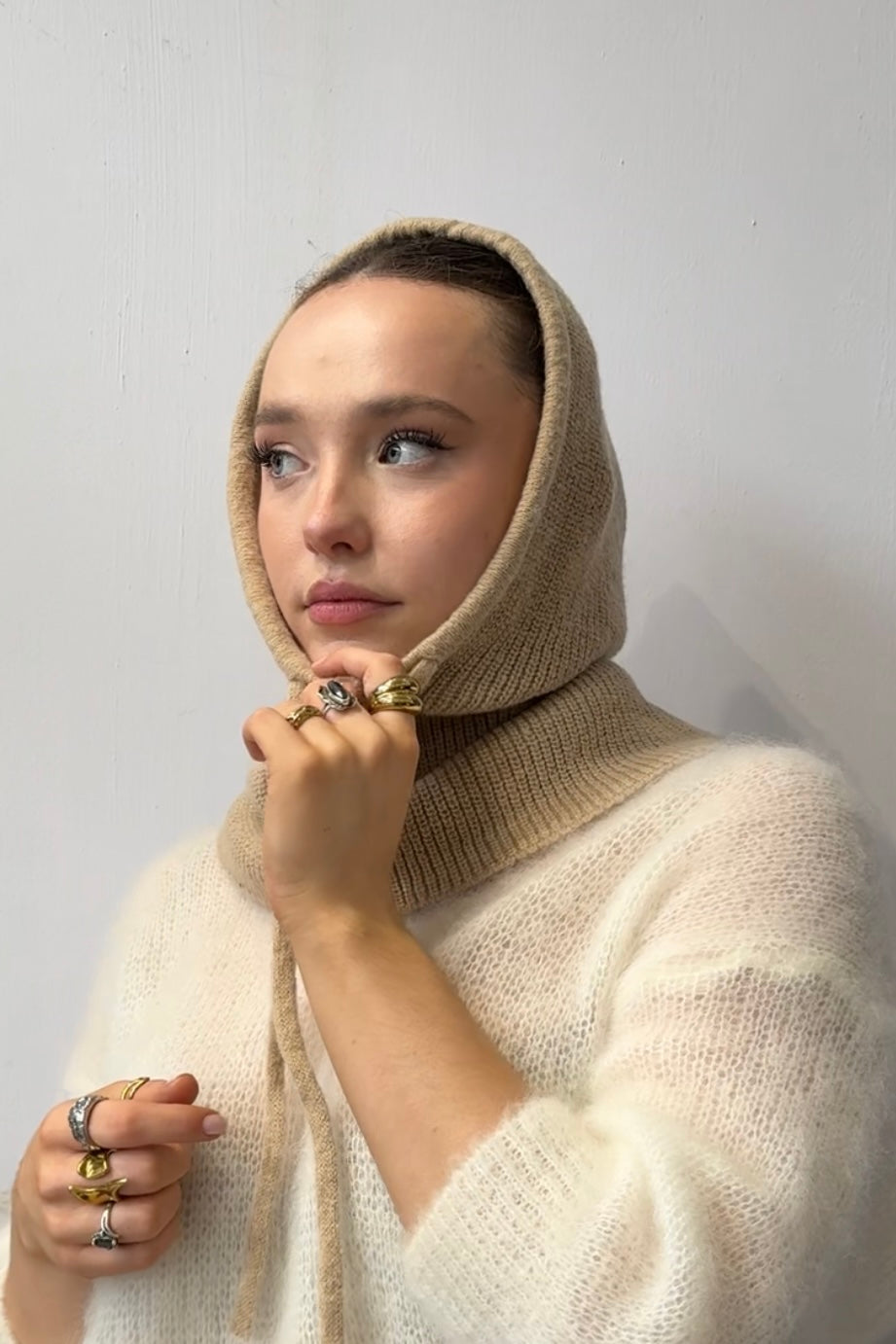 woman wearing a taupe cashmere balaclava