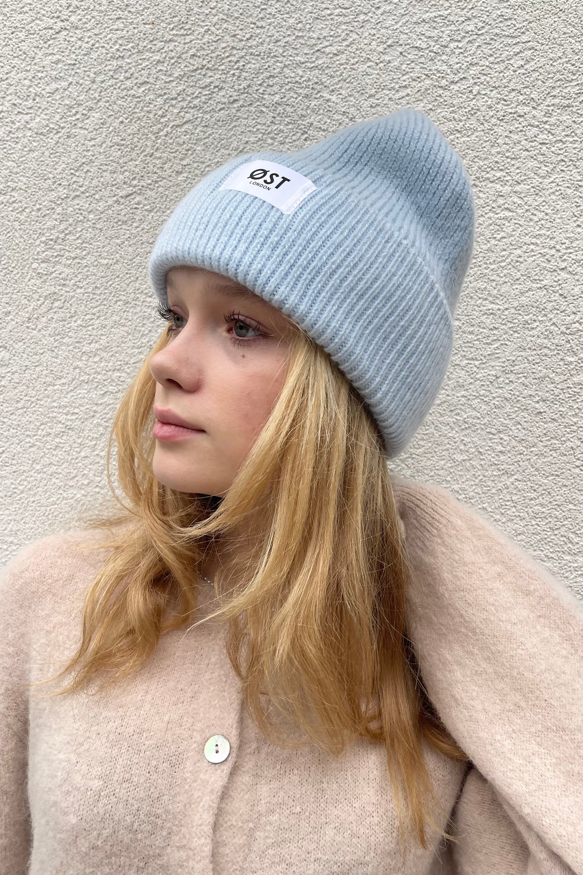 Angora Knitted Beanie warm hat Light blue