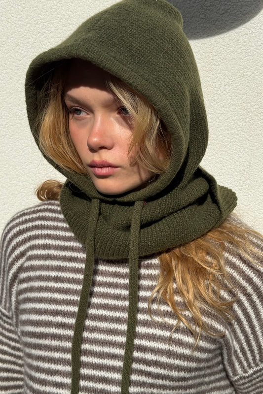 woman wearing a khaki cashmere balaclava