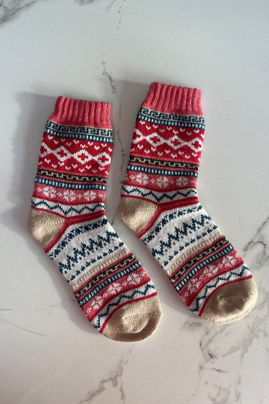 Fair Isle Wool Socks -Coral