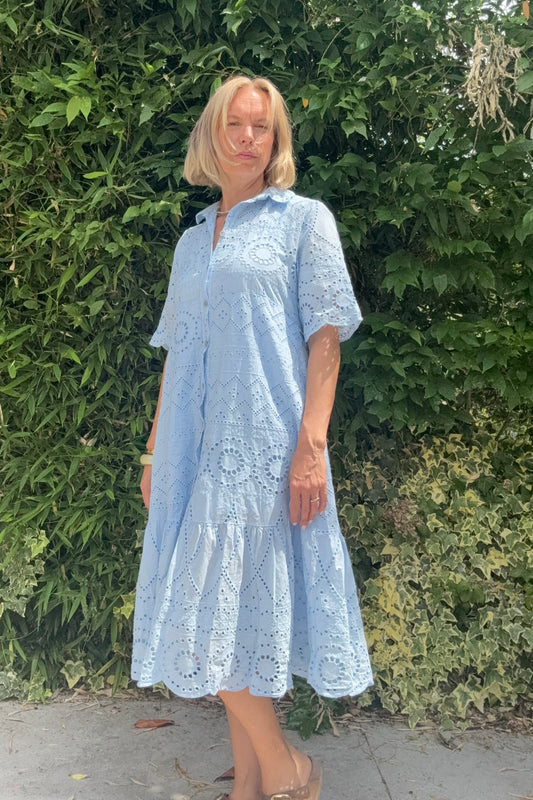 Broderie Anglase Shirt Dress -Light Blue