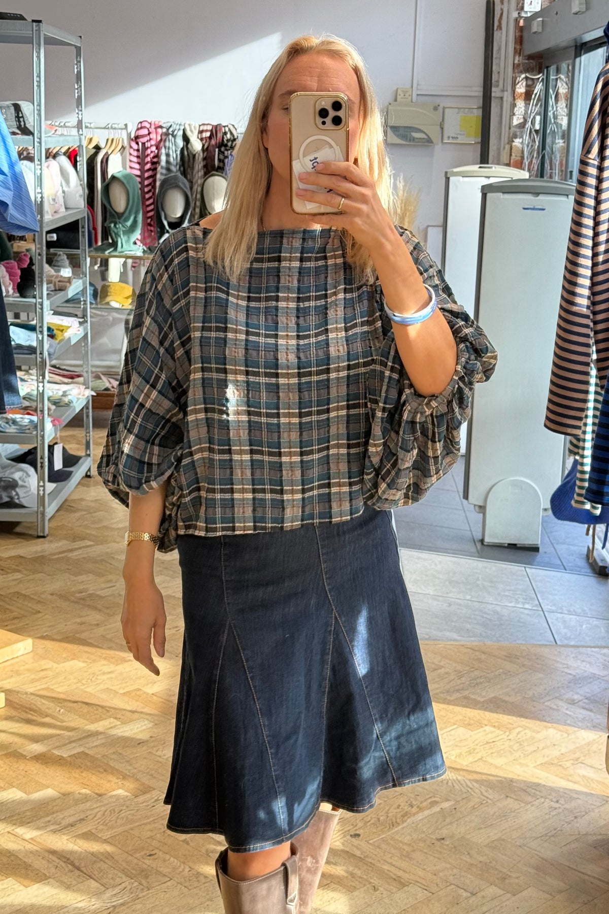 Margrethe Blouse -Petrol tartan