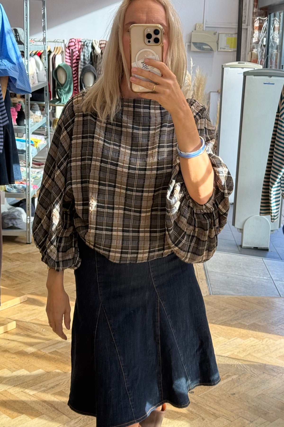 Margrethe Blouse -Khaki/Grey tartan