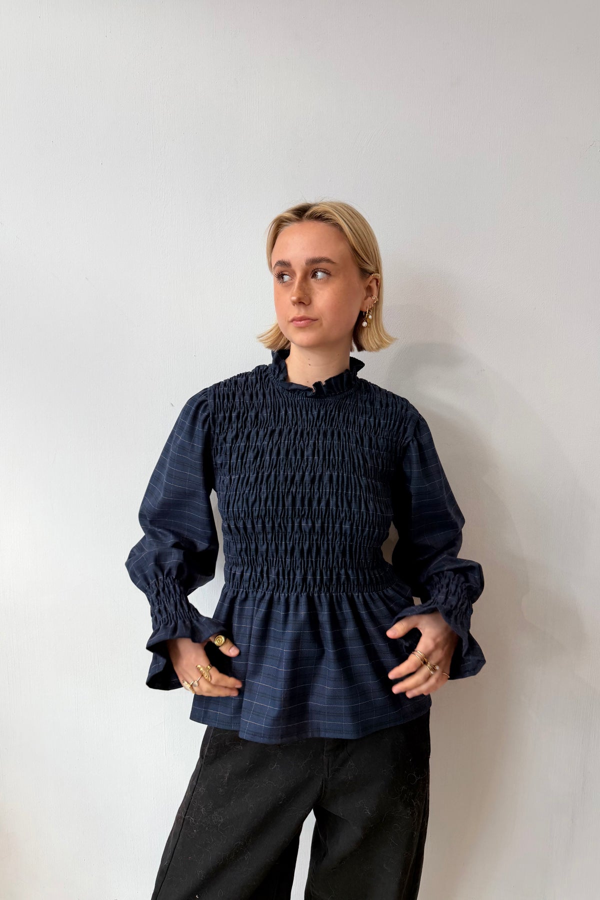 Leonora Smocked Blouse -Navy tartan