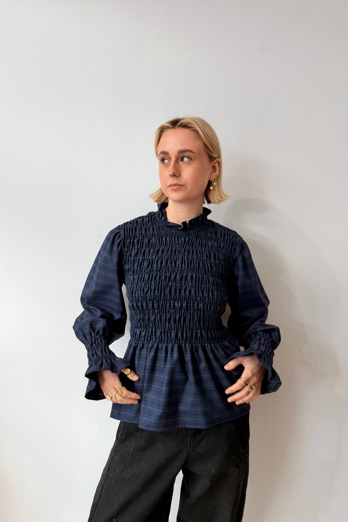 Leonora Smocked Blouse -Navy tartan
