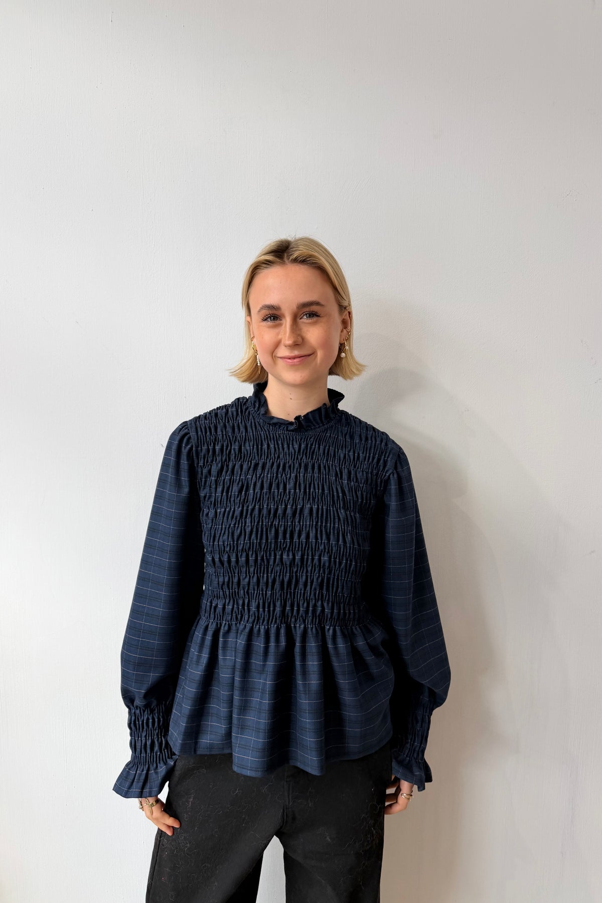 Leonora Smocked Blouse -Navy tartan