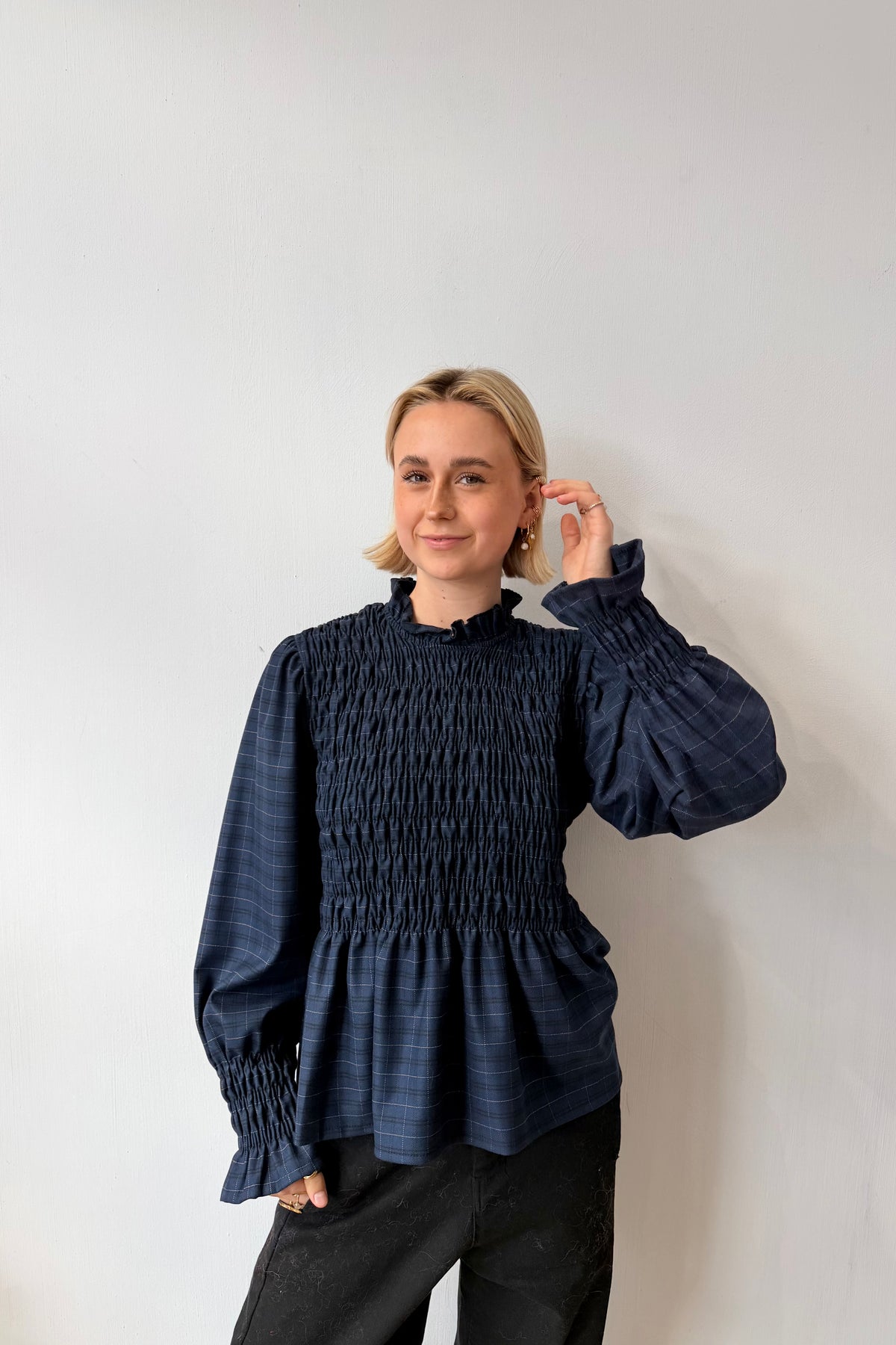 Leonora Smocked Blouse -Navy tartan