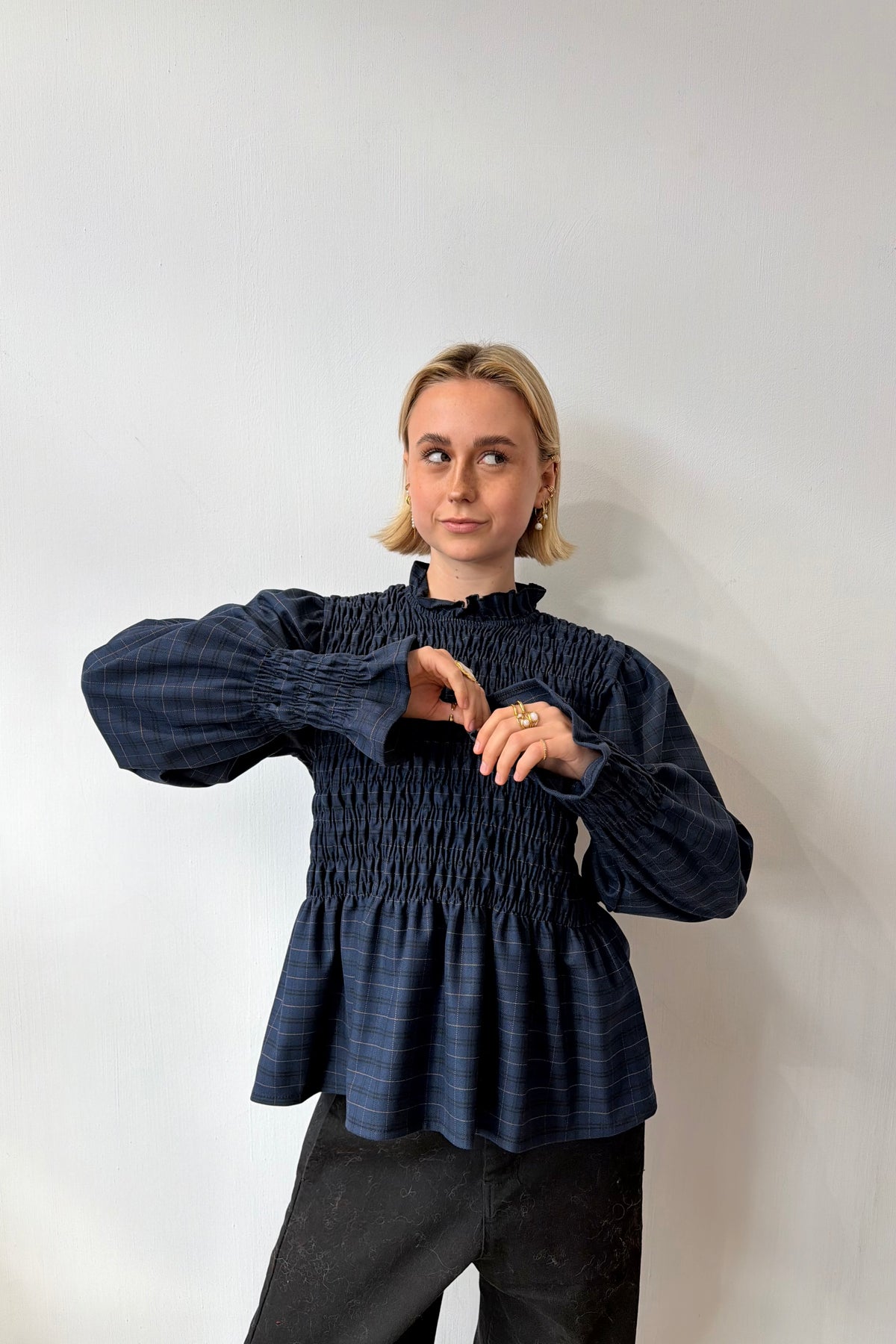 Leonora Smocked Blouse -Navy tartan
