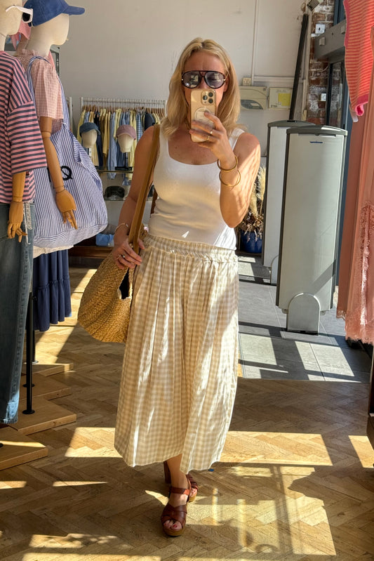 Malene Medi Gingham Skirt -Cream