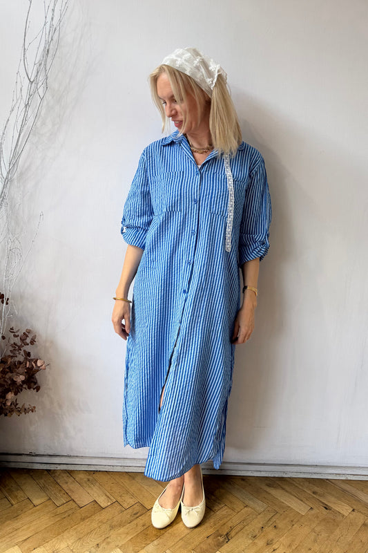 Helene Striped Shirt Dress -Royal - Øst London