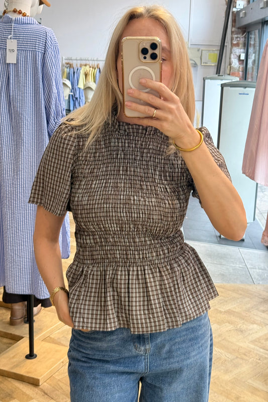 Leonora Smocked Blouse Short Sleeve -Brown - Øst London