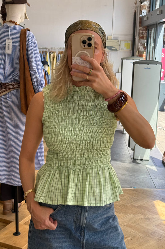 Leonora Smocked Blouse Sleeveless -Mint Green