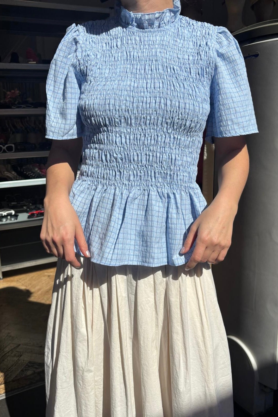 Leonora Smocked Blouse Short Sleeve -Blue - Øst London