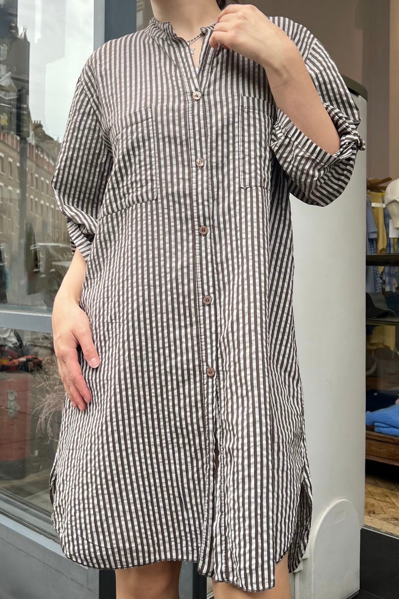 Bine Striped Shirt Dress -Chocolate