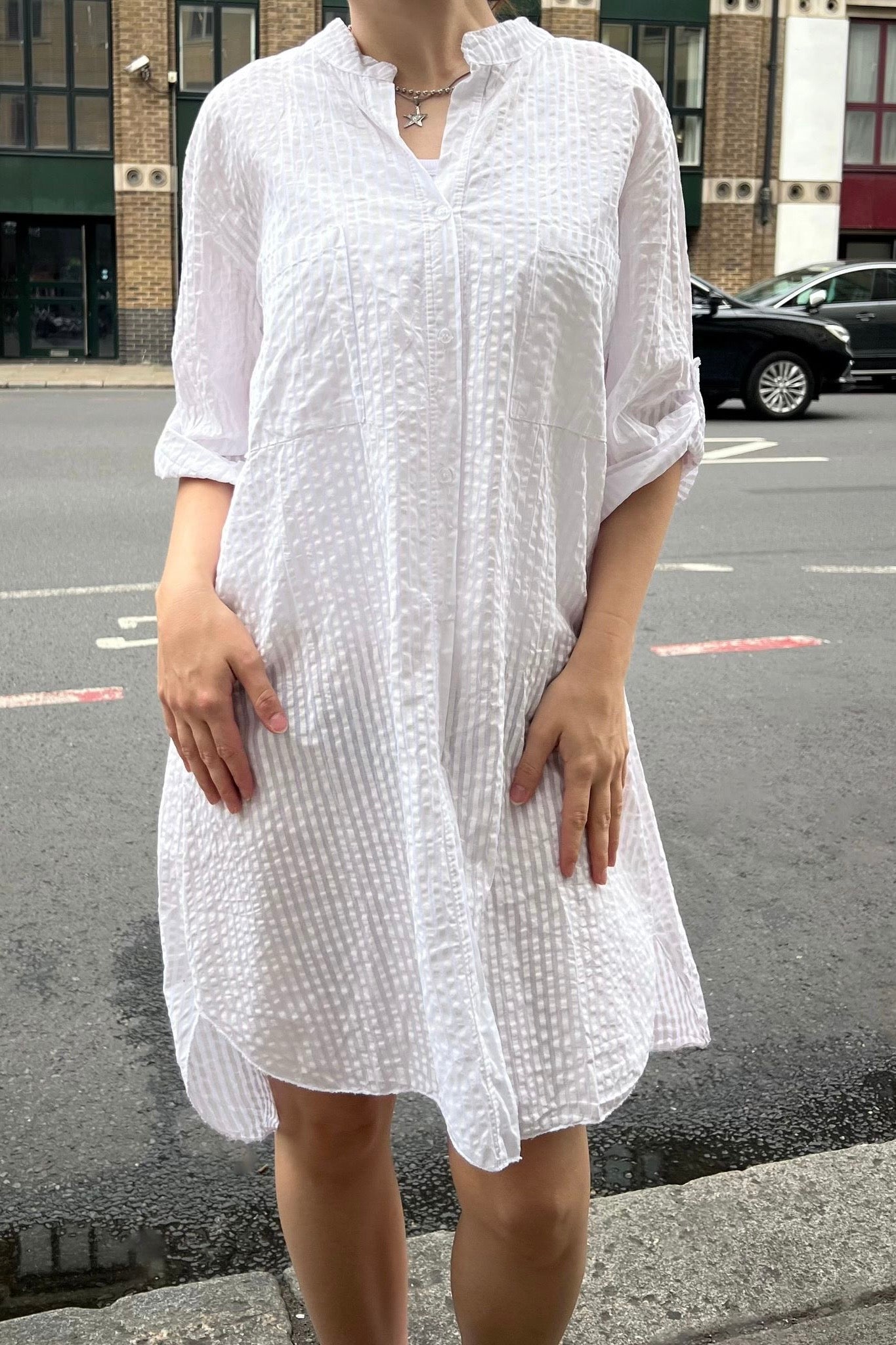 Bine Striped Shirt Dress -White