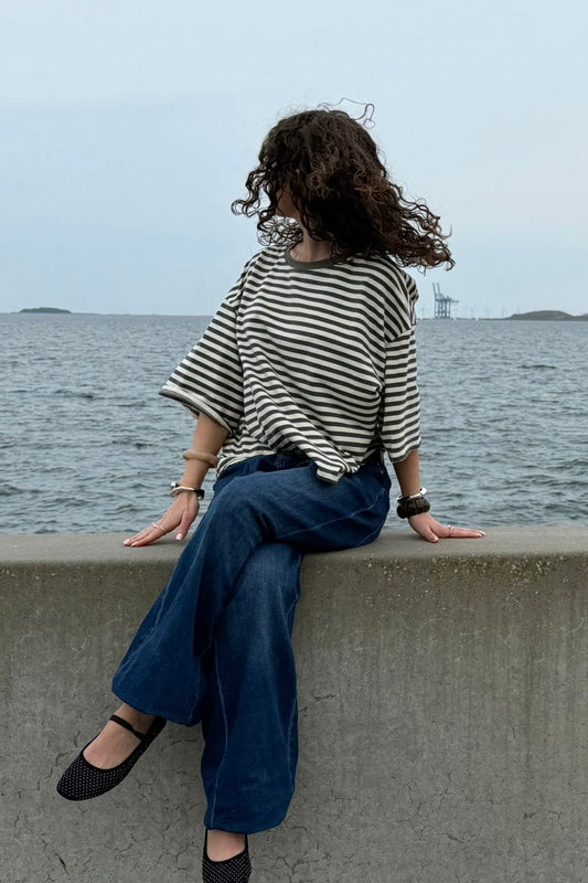 Else Striped T-Shirt -White/Khaki - Øst London
